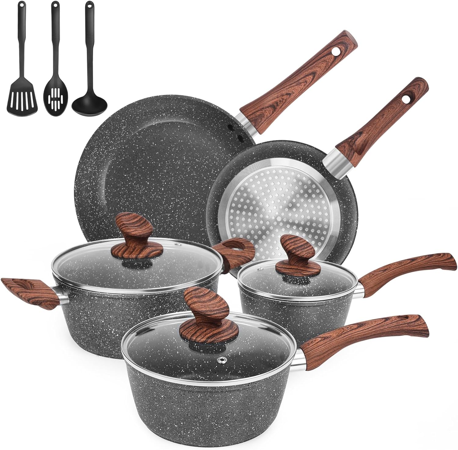Pots and Pans Set Ultra Nonstick, Pre-Installed 11pcs Cookware Set Copper with Ceramic Coating, Stay cool handle & Nylon Kitchen Utensils, Gas/Induction Compatible, 100% PFOA Free