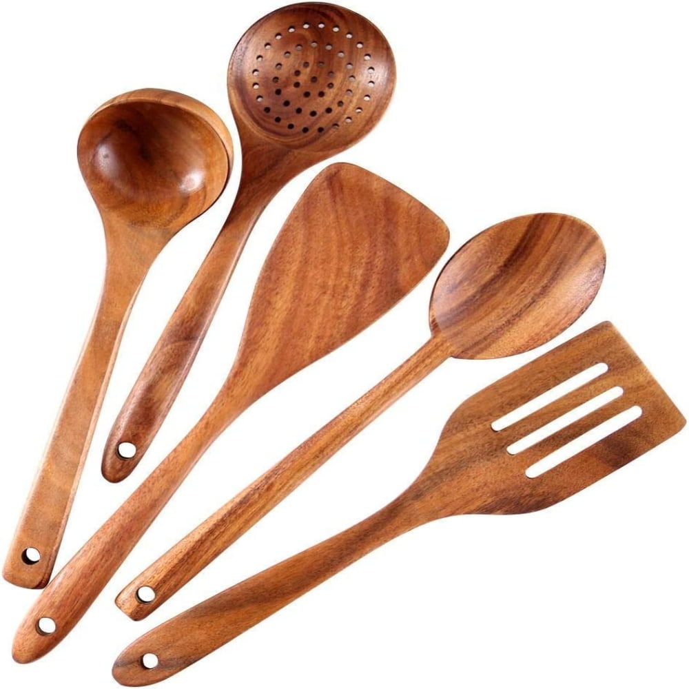 6-piece set of organic bamboo tableware with wooden cooking spoons, wooden kitchen utensils with brackets, spatula spoons