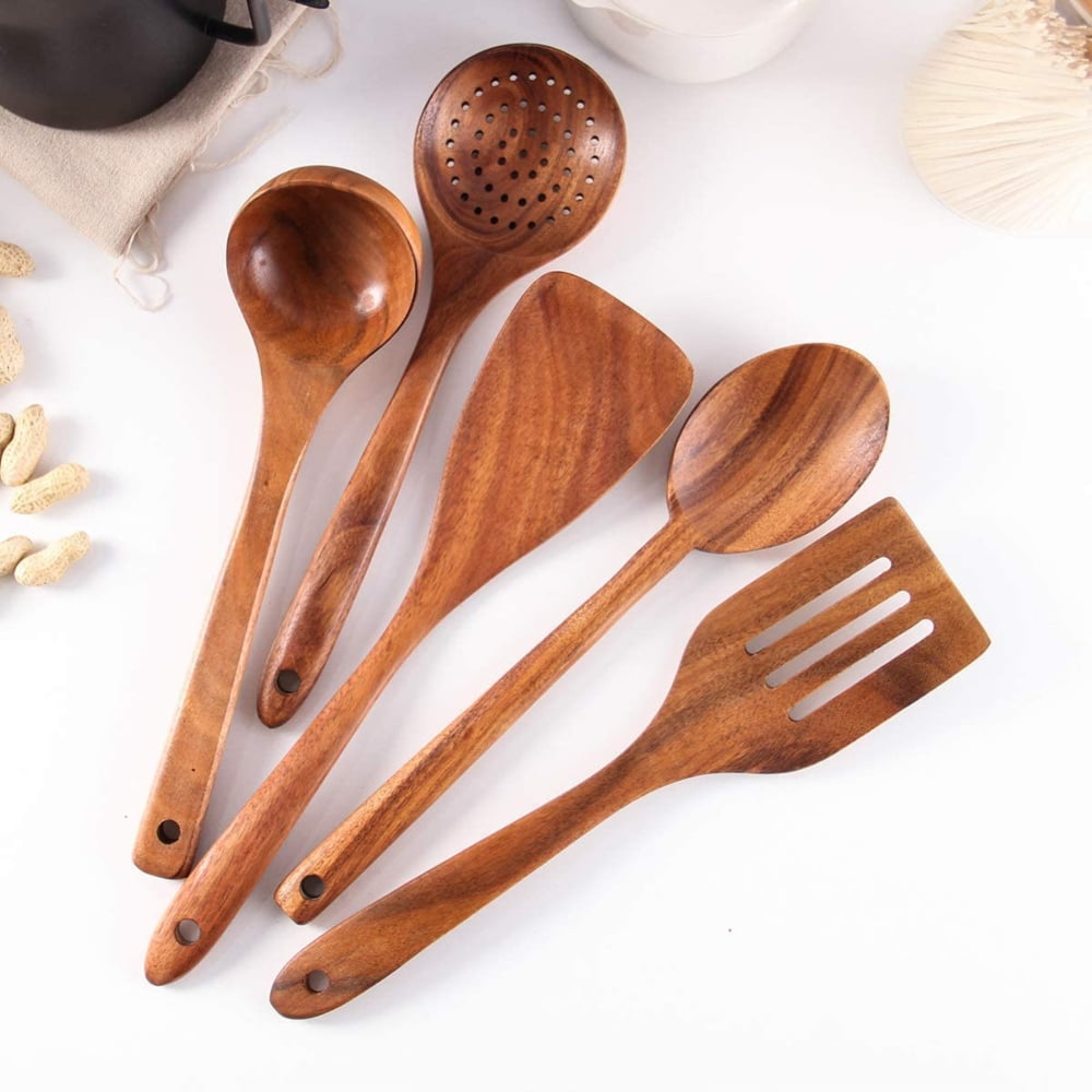 6-piece set of organic bamboo tableware with wooden cooking spoons, wooden kitchen utensils with brackets, spatula spoons