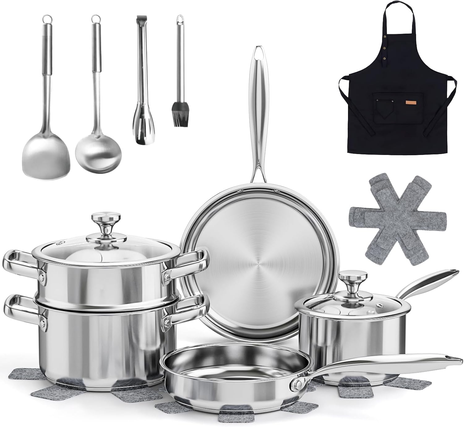 𝐔𝐏𝐆𝐑𝐀𝐃𝐄 Stainless Steel Pots and Pans Set Non Toxic, 6PCs Kitchen Cookware Sets with Stay-Cool Handles, Non-Stick, Dishwasher Safe&Compatible with All Stovetops(Gas,Electric&Induction)