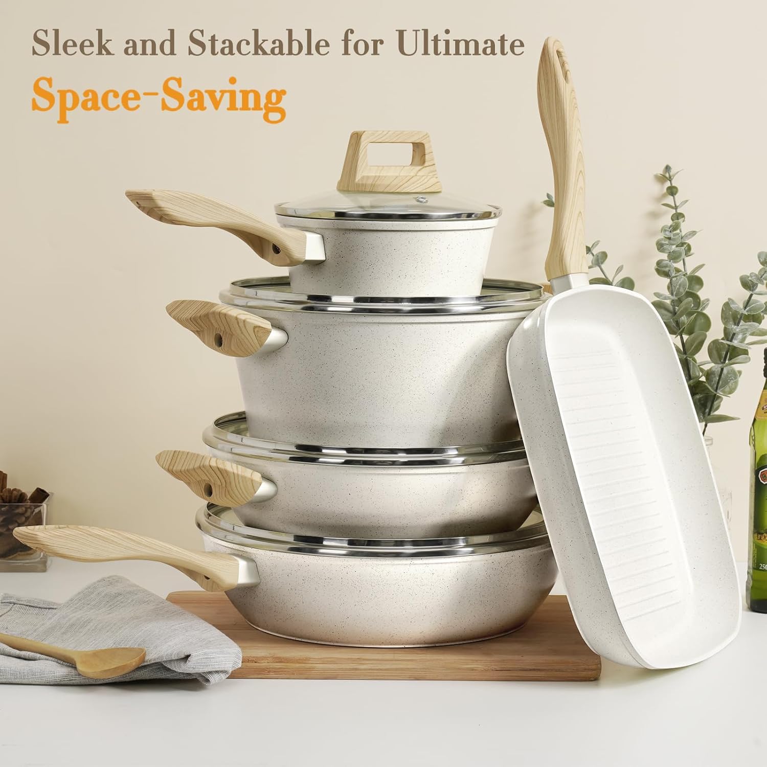 12 Pcs Pots and Pans Set, Nonstick Cookware Sets White Granite Induction Cookware, Non-toxic Healthy Non Stick Kitchen Cooking Set with Frying Pans Set, Saucepans,Steamer (PFAS, PFOA, PFOS Free)