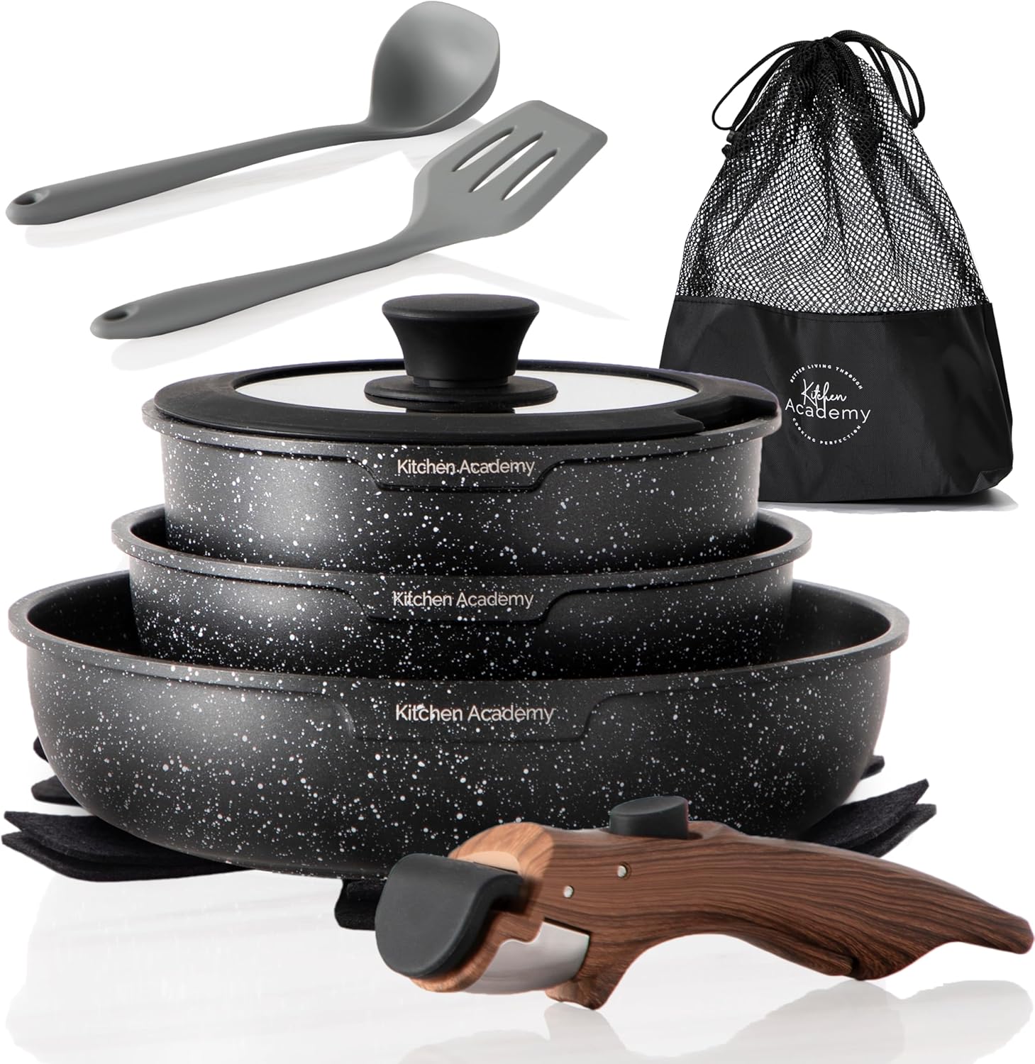 Removable Handle Pots and Pans Set - 10 Pieces Green Cookware Set with Removable Handle, RV Induction Cookware Set for Camp