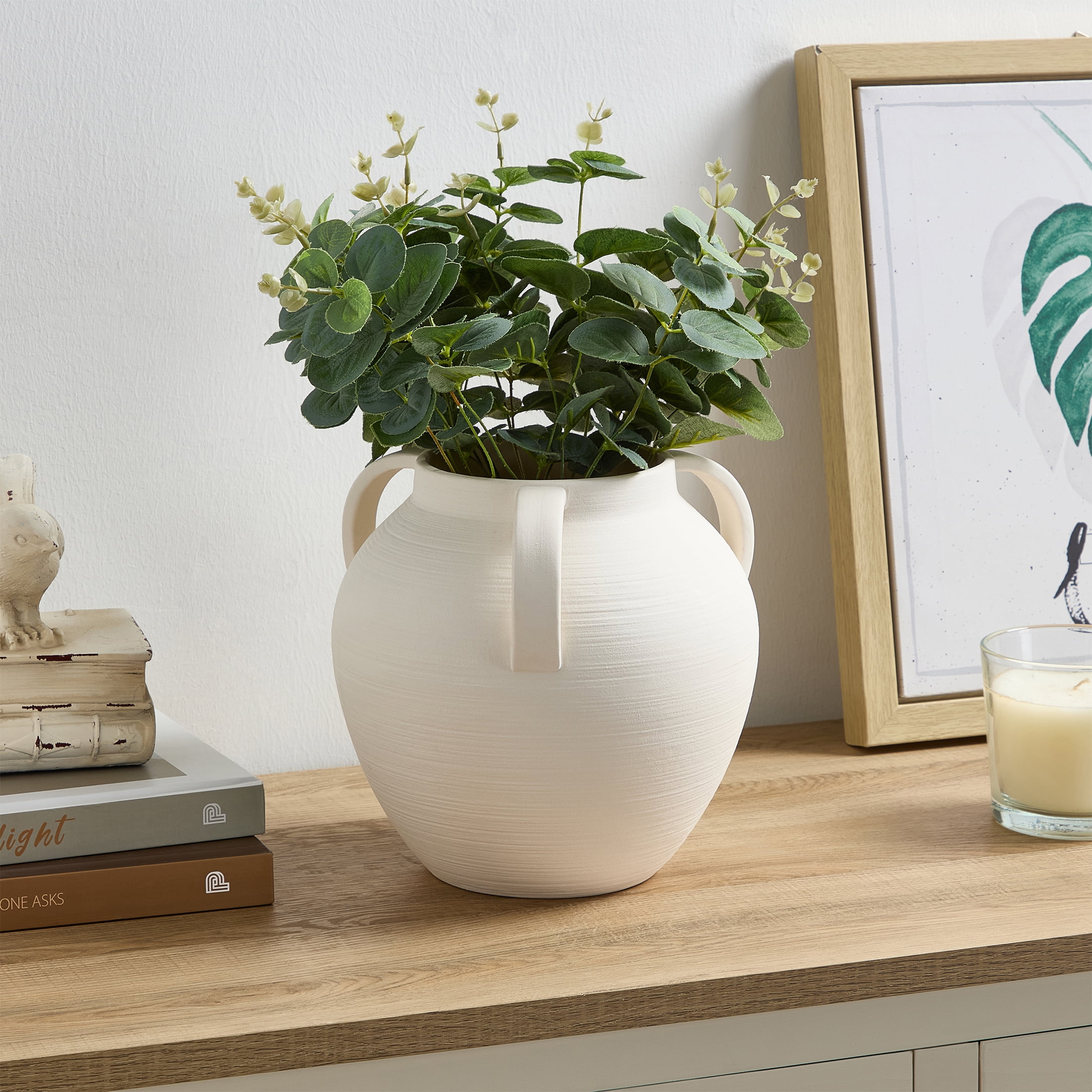 Home Decor Collection 8'' White Matte Textured Ceramic Stoneware Vase with Handles