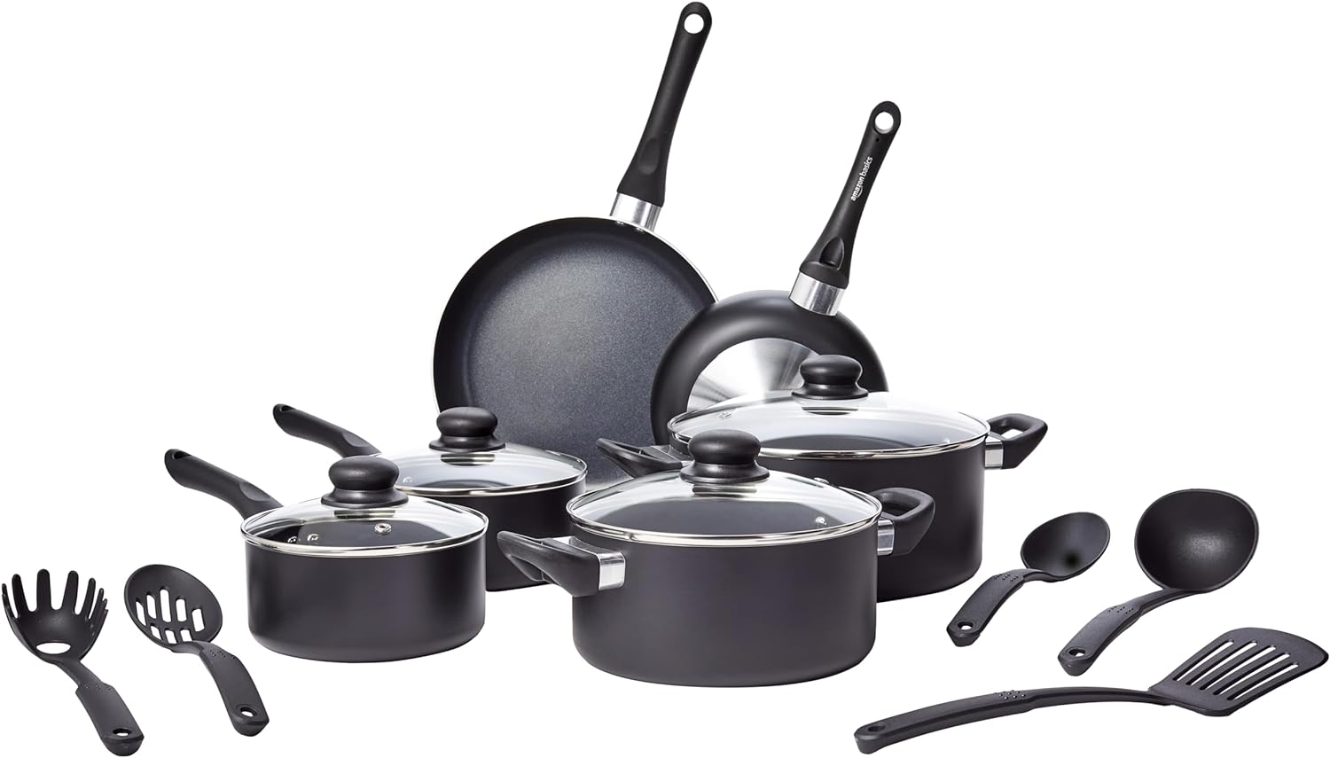 Basics Non Stick Kitchen Cookware 8-Piece Set, Non-Induction, Includes Pots and Pans, Black