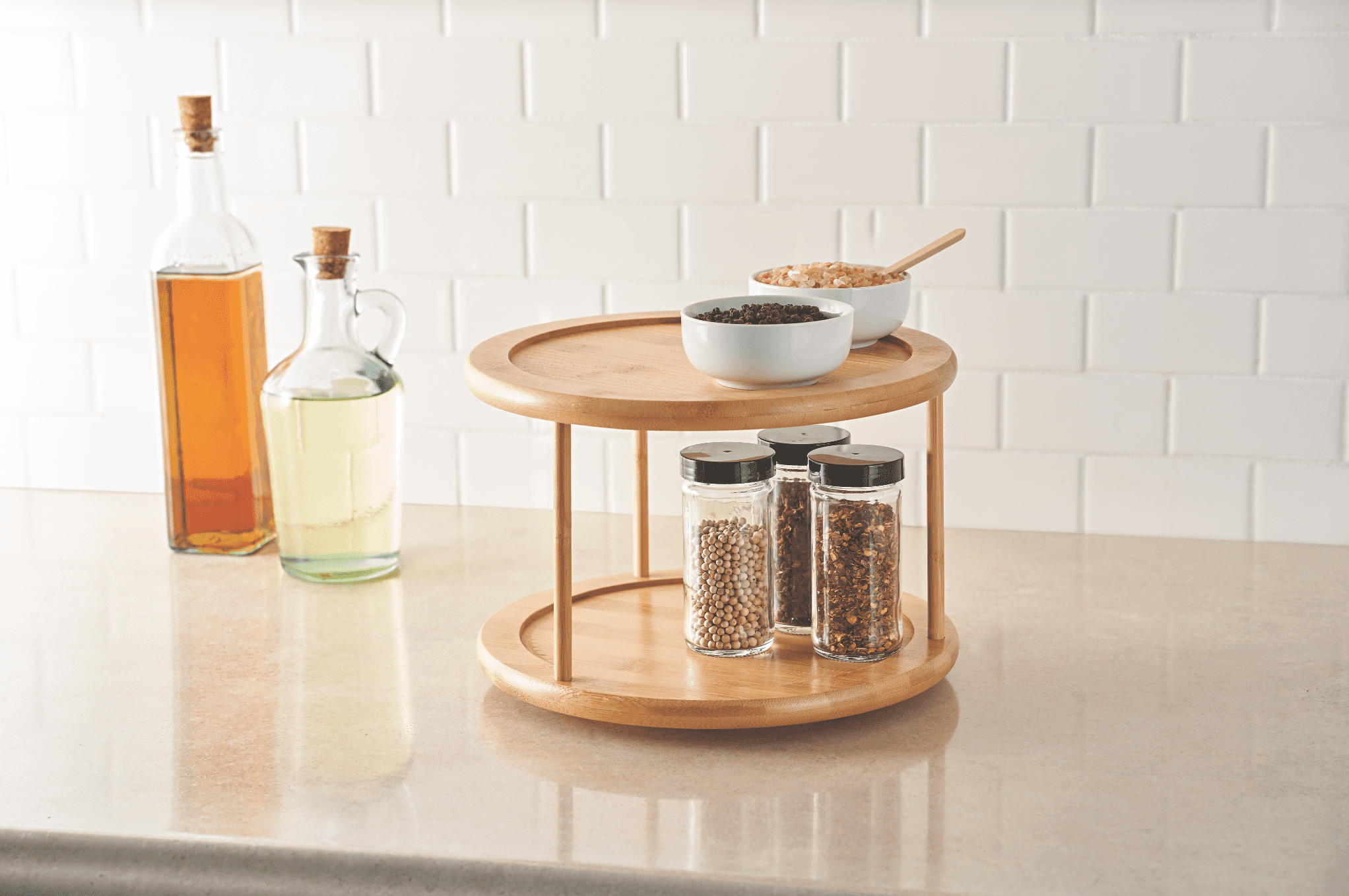 Kitchen manager bamboo turntable double-layer spice rack, diameter 10.04 x 6.89 inches