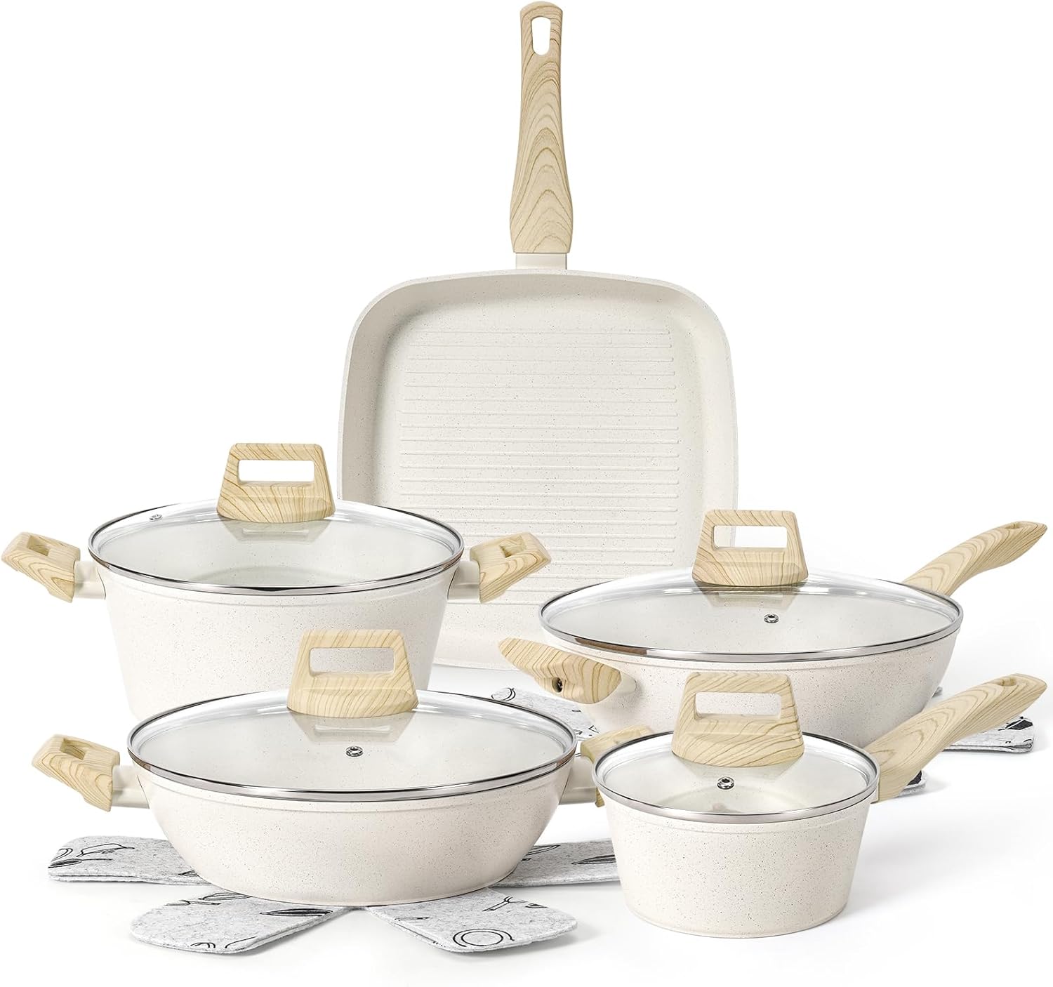 12 Pcs Pots and Pans Set, Nonstick Cookware Sets White Granite Induction Cookware, Non-toxic Healthy Non Stick Kitchen Cooking Set with Frying Pans Set, Saucepans,Steamer (PFAS, PFOA, PFOS Free)