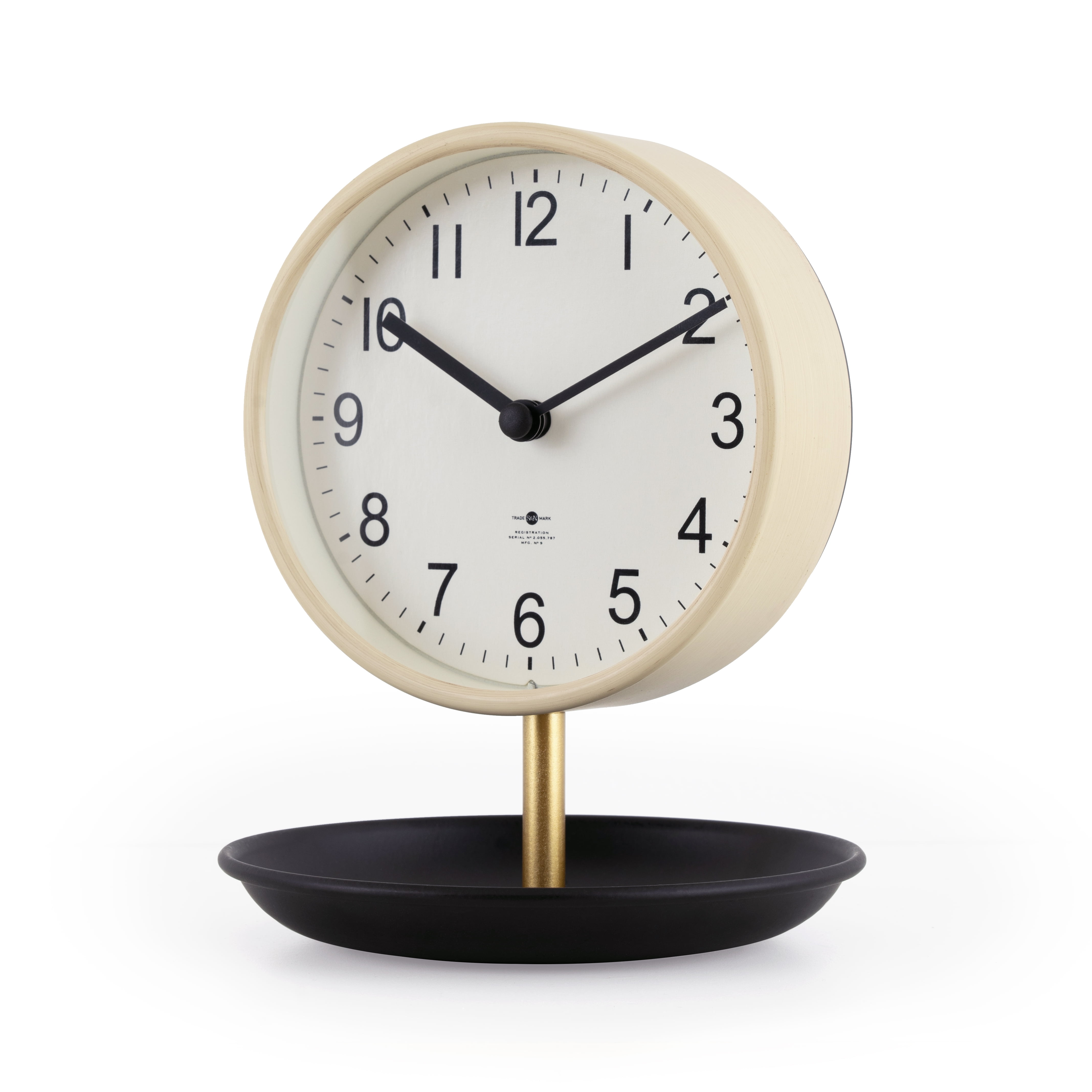 Light brown and black desktop circular analog dial clock with small tray
